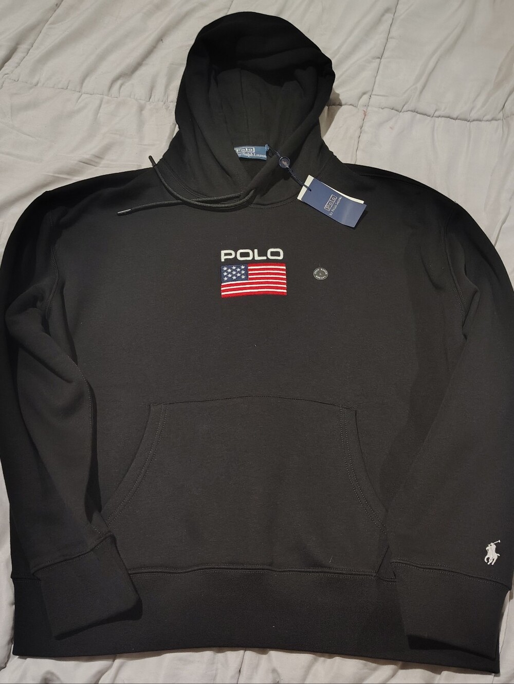 Polo Ralph Lauren USA Flag Fleece Hoodie Black Size Large Embroidered NWT